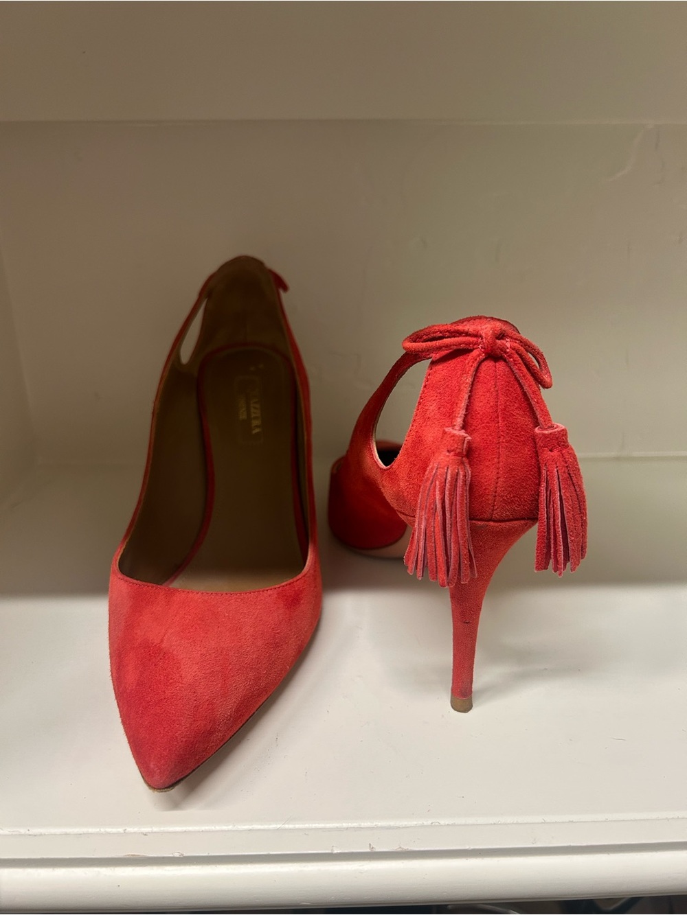 Aquazzura Coral Red Suede Pointed-Toe Tassel Pumps